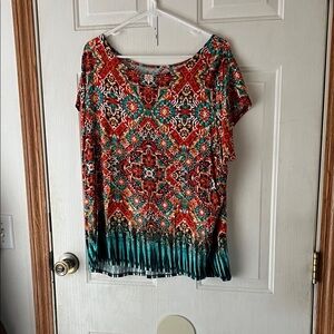 CJ Banks Vibrant Red and Teal Patterned Short Sleeve Top